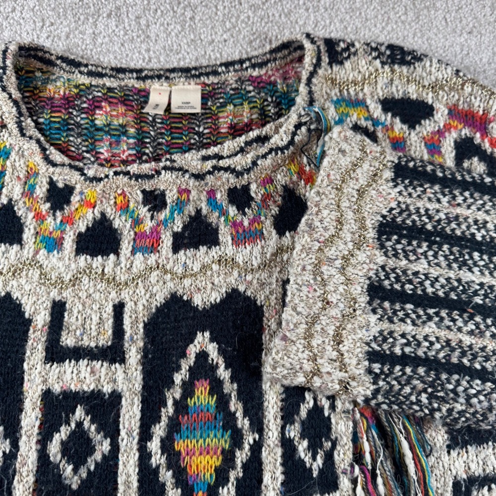 Anthropologie Moth XXSP Geometric Fringed Metallic Knit Sweater Black Gold Multi